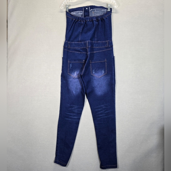 Women Strapless Sleeveless Denim Buttons Pockets Bodycon Long Jumpsuit Sz M - Picture 2 of 13